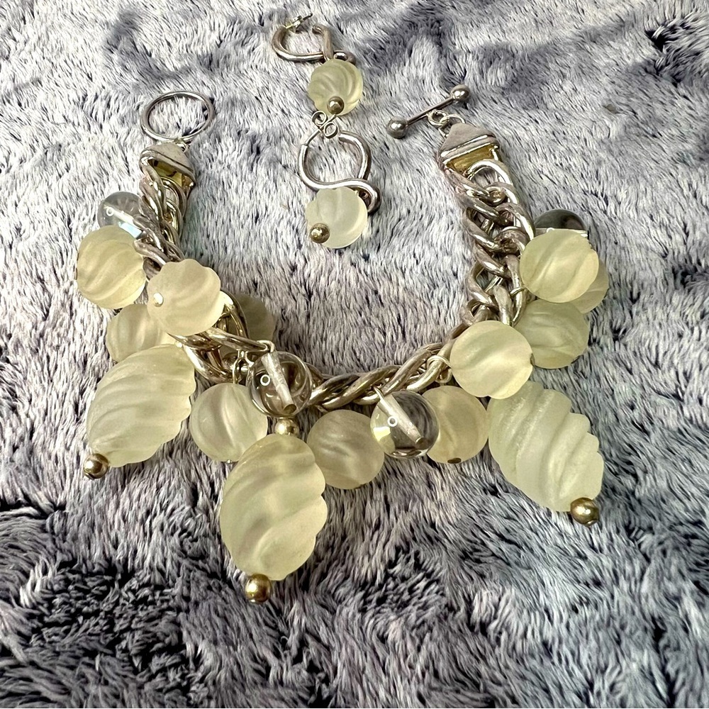 Vintage Frosted Glass Bead Bracelet with Matching Pierced Earrings
